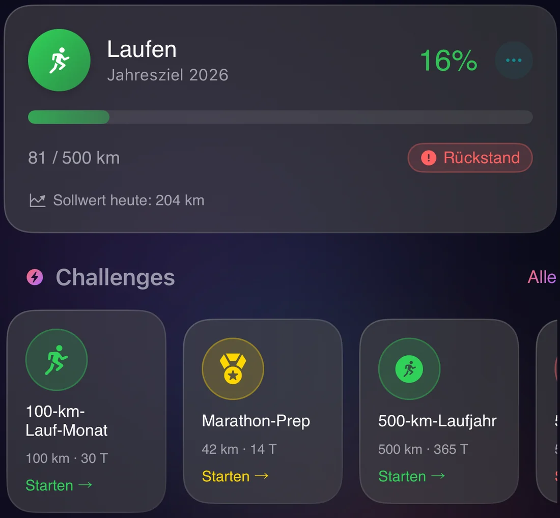 Jahresziel Laufen mit Fortschritt und Challenges