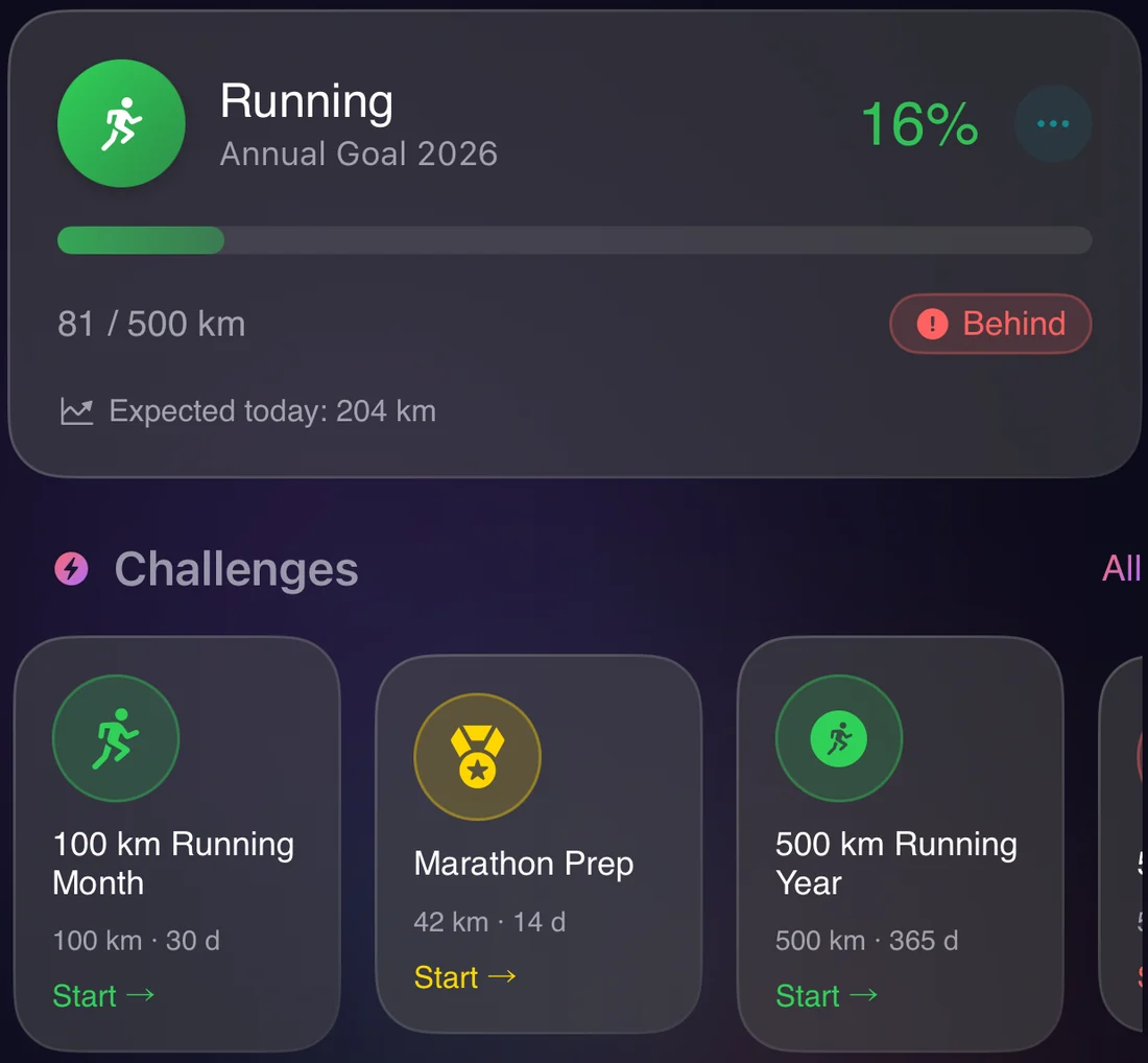 Annual running goal with progress and challenges